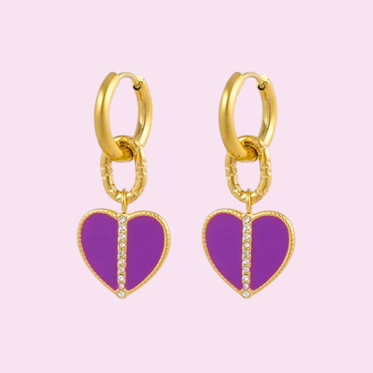 Purple heart earrings gold